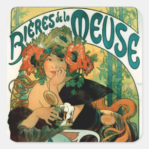 Mucha:  Bieres De-La Maas (Biere des Musen) Quadratischer Aufkleber