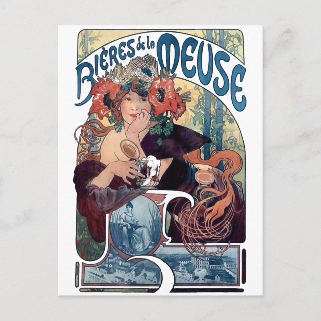 Mucha Bieres de la Meuse vintage und Postkarte (Vorderseite)