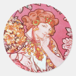 Mucha Frau Unter den Blume Art Nouveau Stickers
