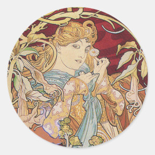 Mucha Kunst Nouveau: Frau mit Gänseblümchen Runder Aufkleber