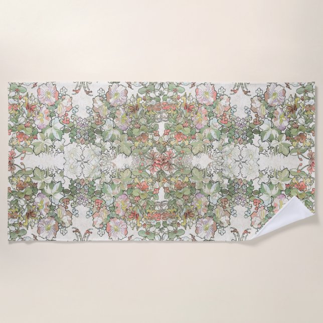 Mucha Kunst Nouveau GeißblattHollyhock mit Blumen Strandtuch (Vorderseite)