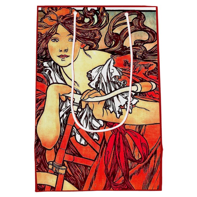 Mucha Kunst Nouveau Redhead-Dame Bike Gift Bag Mittlere Geschenktüte (Rückseite)