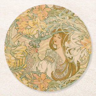 Mucha Lilien Art Nouveau Blumensprache Runder Pappuntersetzer