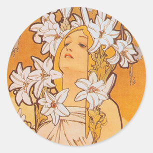 Mucha "Lilien-" - Blumen Runder Aufkleber