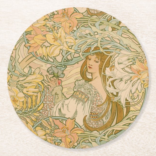 Mucha Lilies Jugendstil Sprache der Blume Runder Pappuntersetzer (Vorderseite)