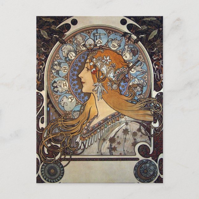 Mucha Retro Jugendstil Frau Vintag Zodiac Pluma Postkarte (Vorderseite)