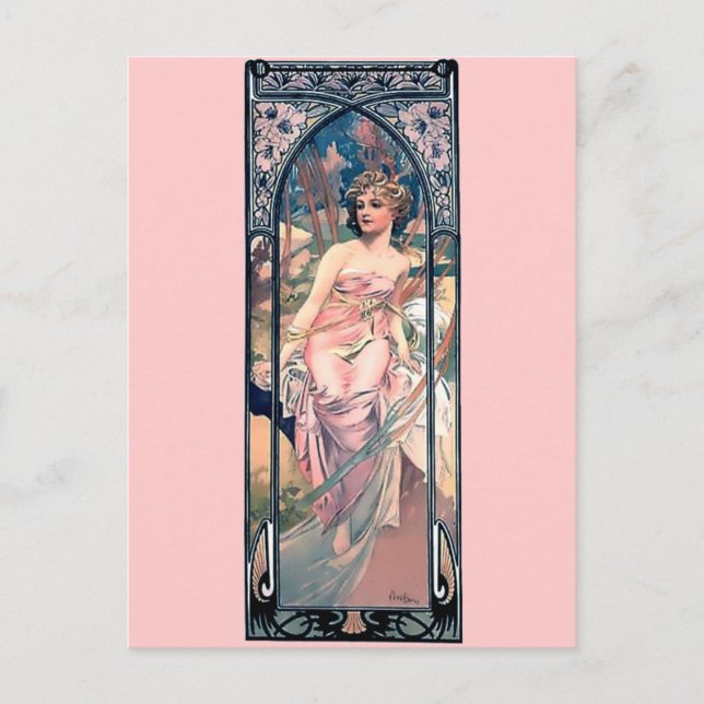Mucha Rosa romantische Kleiderart Deko Lady Postkarte (Vorderseite)