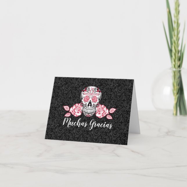 Muchas Gracias Black Damask Sugar Skull Vielen Dan Dankeskarte (Vorderseite)