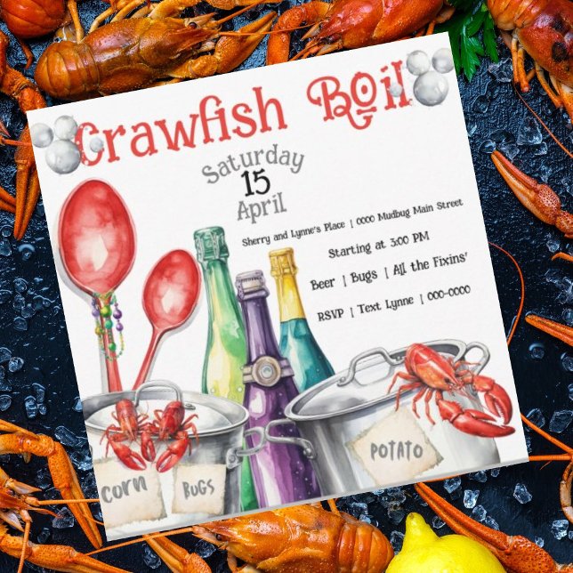 Mudbug Party und Crawfish Boil Einladung (Crawfish Boil party invitations with crawfish, pots and cute spoons.  Customizable. )