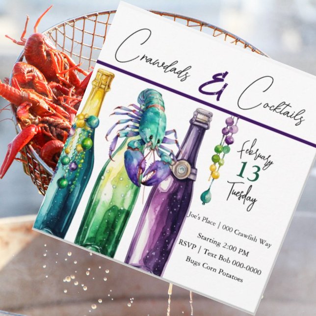 Mudbugs, Crawfish und Cocktails Mardi Gras Style Einladung (Crawdads and cocktails brightly colored party invitation you customize. Mudbugs and mardi gras. )
