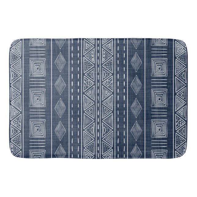 Mudcloth Style Navy Blue und White Tribal Muster Badematte (Vorderseite)