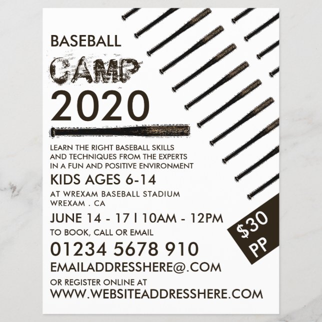 Muddy Baseball Bat, Baseball Camp-Werbung Flyer (Vorne)