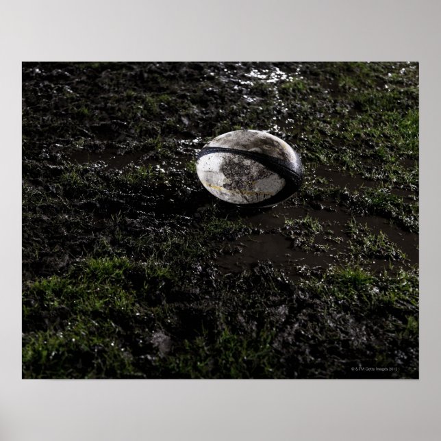 Muddy Rugby Ball sitzend auf einem zerkaut Gras Poster (Vorne)