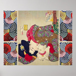 MÜDE AUSSEHEND, JAPANISCHE FRAU MIT WEIßER KATZE POSTER