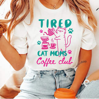 Müde Katzenmütter Grün Pink Coffee Club Retro Weib T-Shirt