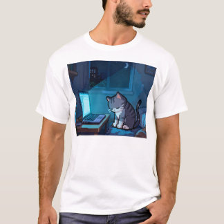 Müde Pixelkatze am Laptop in der Nacht – Traurig T-Shirt