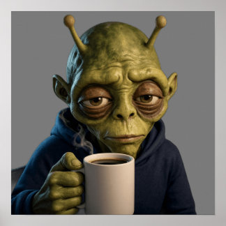 Müdes Alien Morgen Kaffee Sci-Fi Kunstposter Poster