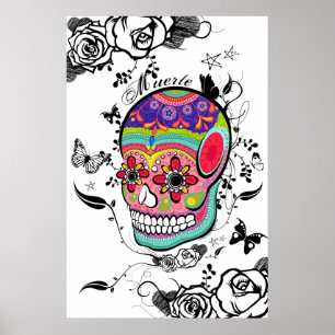 Muerte Artistic Sugar Skull, Rose & Schnörkel Poster