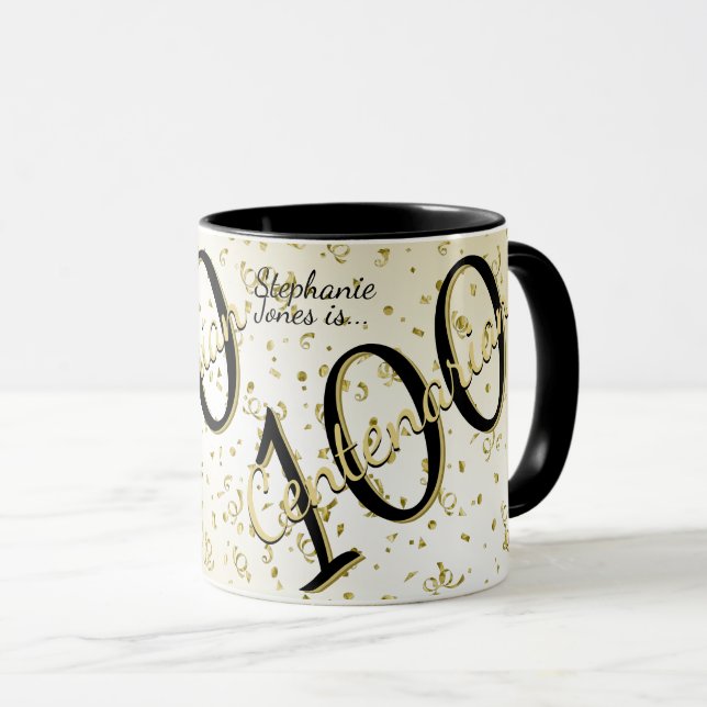 Mug 100 ans Centenaire Anniversaire Noir/Or Texte (Devant droit)