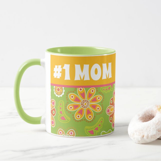 Mug #1 MOM - Vert Fleur Rétro Jaune Numéro Un Maman (Avec donut)