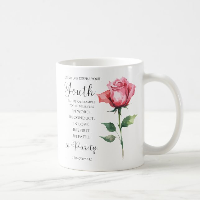 Mug 1 Timothée 4:12 - Jeune Bible Verse Fleur (Droite)