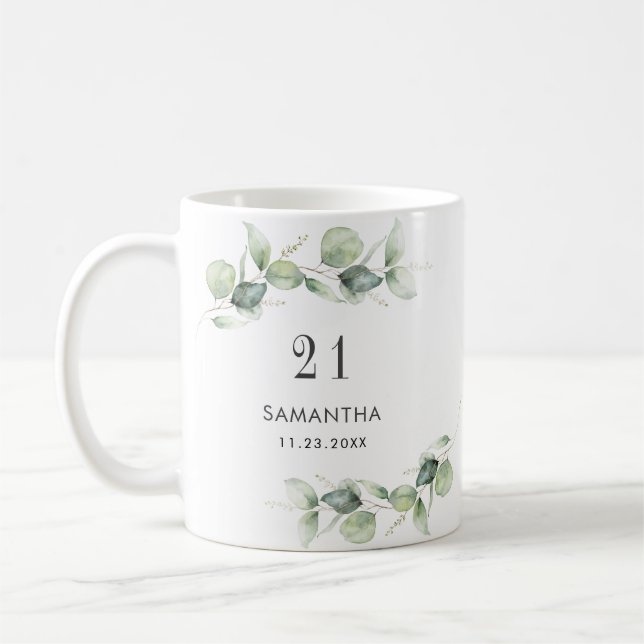 Mug 21e anniversaire Eucalyptus Monogramme de verdure (Gauche)
