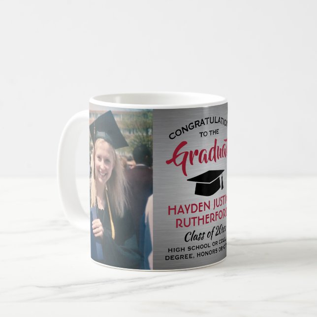 Mug 2 Graduation photo Brossé gris rouge et noir (Devant gauche)