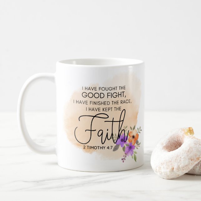 Mug 2 Timothée 4:7 - J'ai gardé la foi Peach (Avec donut)