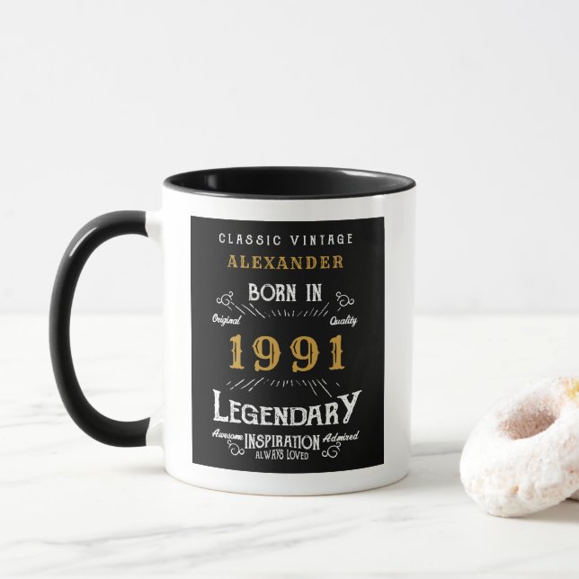 Mug 30e anniversaire Né 1991 Noir rétro Personnalisé (Avec donut)