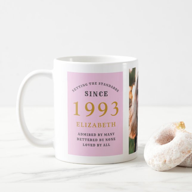 Mug 30th Birthday 1993 Pink Grey Ajouter un nom Photo (Avec donut)