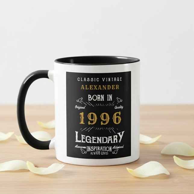 Mug 30th Birthday 1996 Legend Retro Black Personalized (Born 1996 birthday mug. Wood and grey background.)