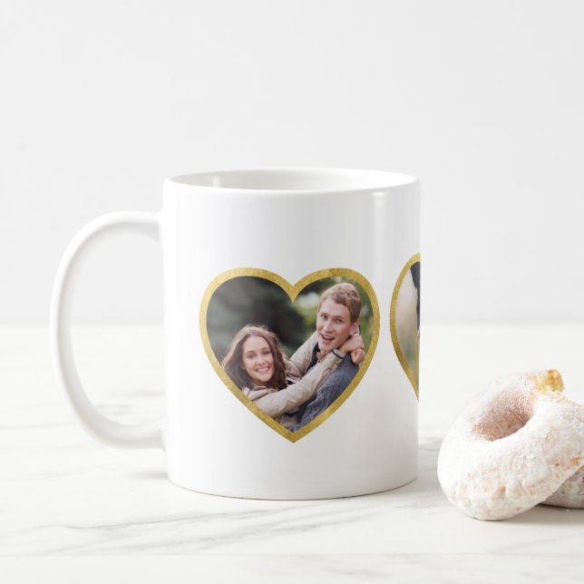 Mug 3 Coeurs photo personnalisés Bordure or Faux (Avec donut)