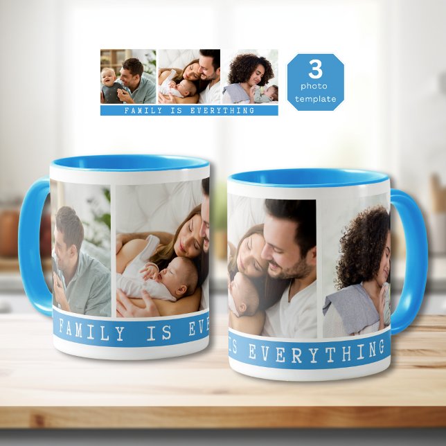 Mug 3 photo Collage photo Famille Citation bleue (3 Picture Multi Photo Collage Family Quote Blue Mug
)