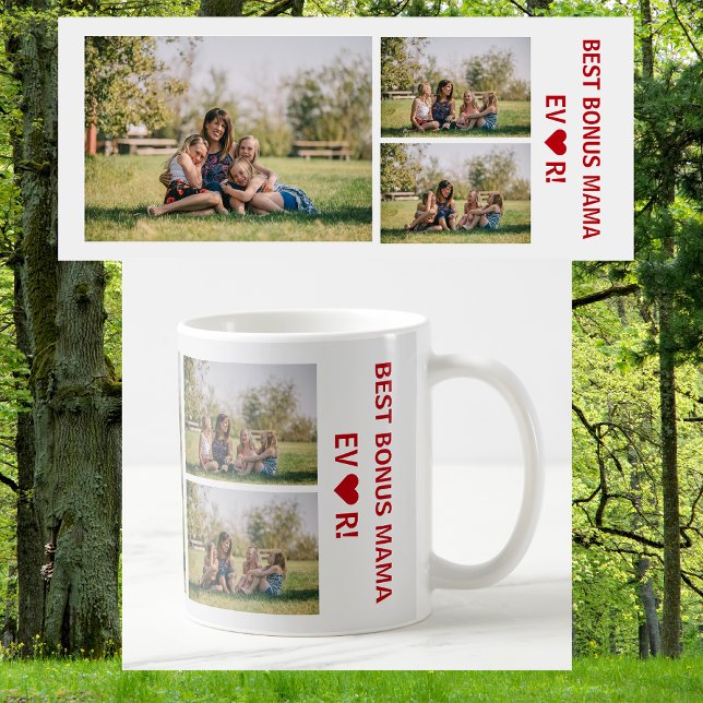 Mug 3 Photos Meilleur Bonus Mama Jamais Coeur Photo Co (Best Bonus Mama Ever, heart. Photo collage, 3 personalized photos. Elegant, Minimalist Mother's Day)