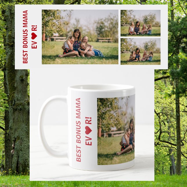 Mug 3 Photos Meilleur Bonus Mama Jamais Coeur Photo Co (Best Bonus Mama Ever, heart. Photo collage, 3 personalized photos. Elegant, Modern Mother's Day gift)