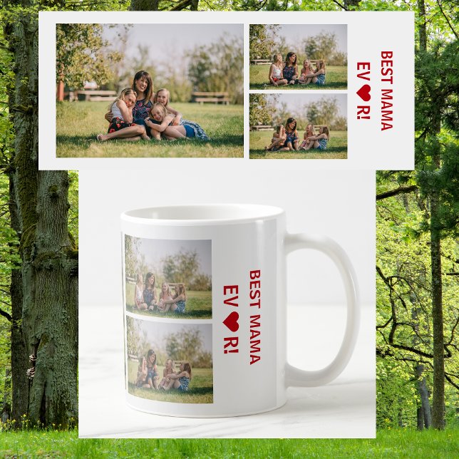 Mug 3 Photos Meilleure maman Jamais Photo Collage Fête (Best Mama Ever, heart. Photo collage, 3 personalized photos. Elegant, Minimalist Mother's Day / bday)