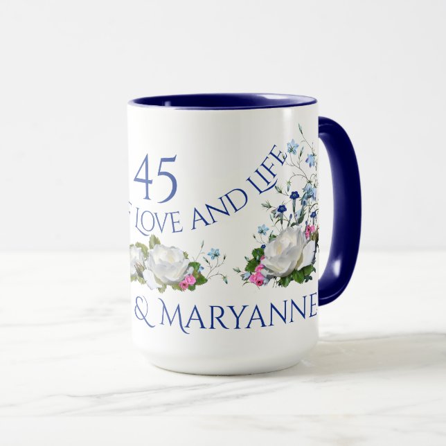 Mug 45 ans d'amour - Couture des roses blanches (Devant droit)
