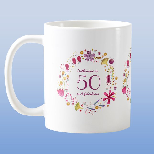 Mug 50 et Fabulous Aquarelle Nom floral Anniversaire (Fifty and Fabulous personalized floral coffee mug)