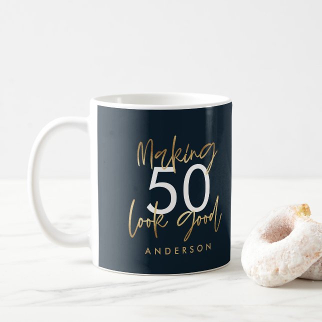 Mug 50e anniversaire bleu et or simple élégant  (Avec donut)