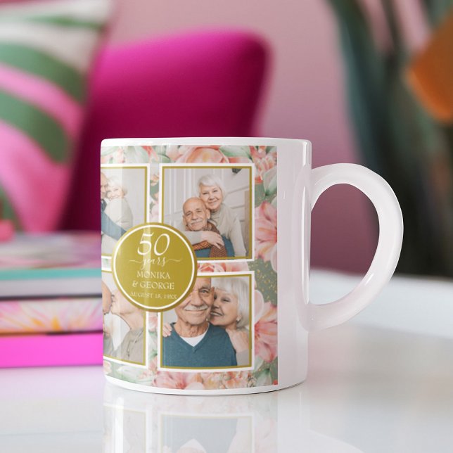 Mug 50e anniversaire de Mariage Floral Gold Photo (50th Wedding Anniversary Floral Gold Photo Coffee Mug)