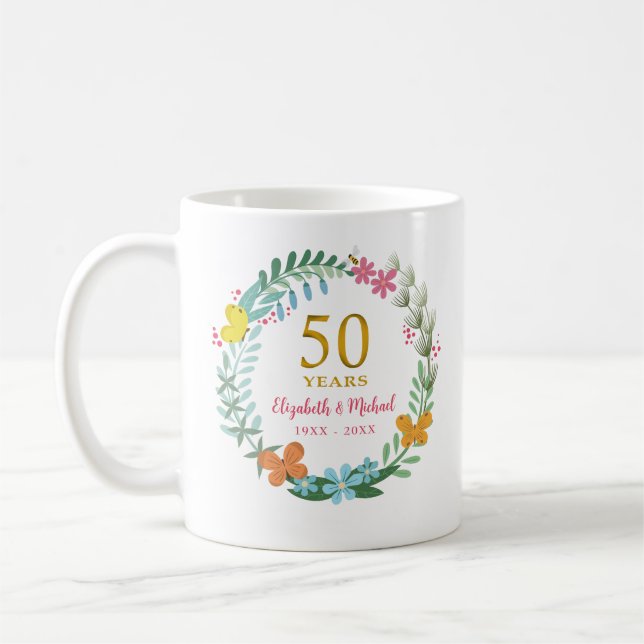 Mug 50e anniversaire du Mariage couronne de fleurs dor (Gauche)