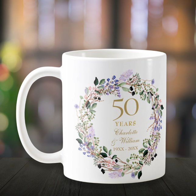 Mug 50e anniversaire du Mariage Floral Lavender Garlan (50th Wedding Anniversary Floral Lavender Garland Coffee Mug)