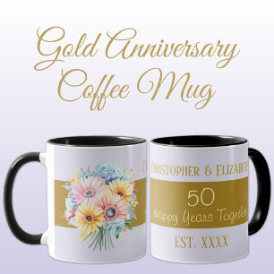 Mug 50e anniversaire or fleurs noms pourpre