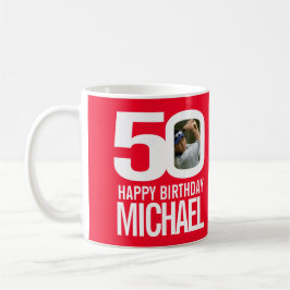 Mug 50e anniversaire rouge blanc personnalisé nom phot