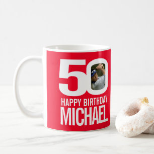 Mug 50e anniversaire rouge blanc photo personnalisée n