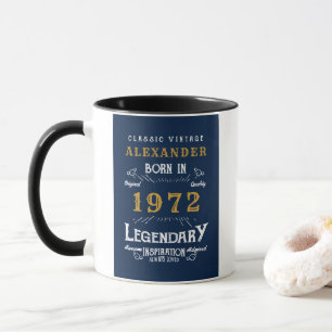 Mug 50th Birthday 1972 Ajouter Nom Vintage Blue Gold