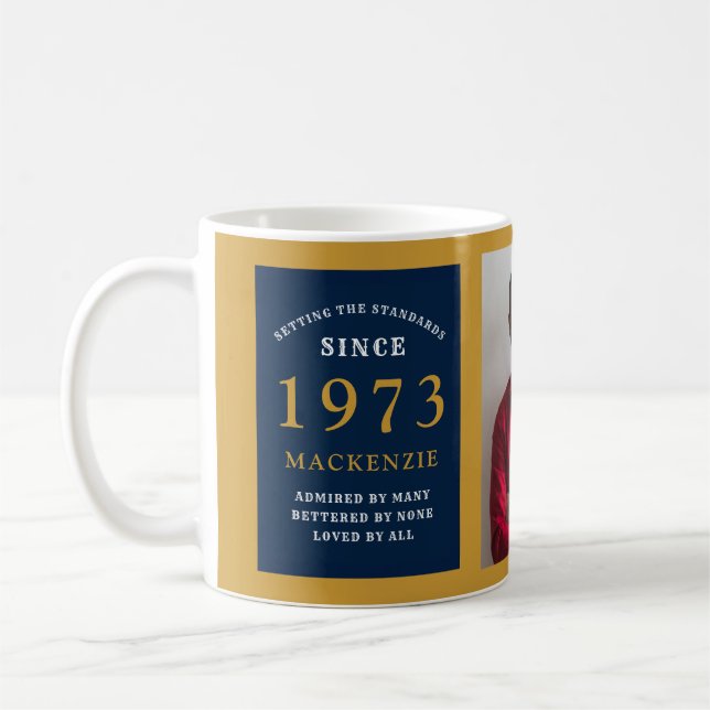 Mug 50th Birthday 1973 Blue Gold Ajouter Nom Photo (Gauche)