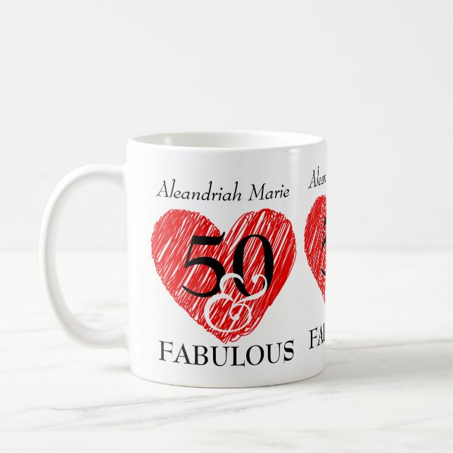 Mug 5O et fabuleux Anniversaire Noir Script Coeur roug (Gauche)