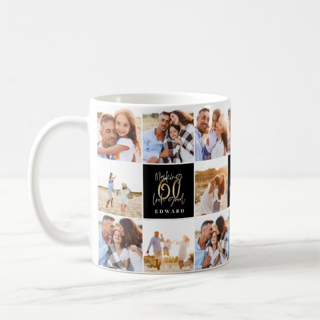 Mug 60e anniversaire bon noir collage photo chic (Gauche)