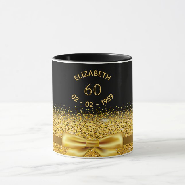 Mug 60e anniversaire noir nom or classique élégant arc (Centre)